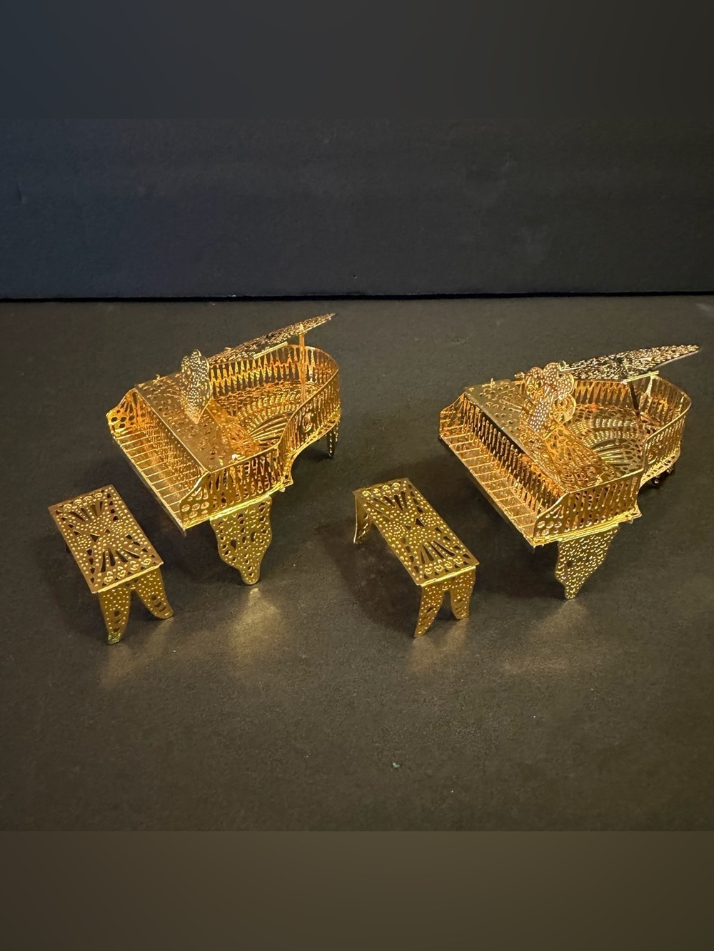 Baby Grand Piano & Bench DOLLHOUSE Size Filigree Gold Brass Miniature Set 2x